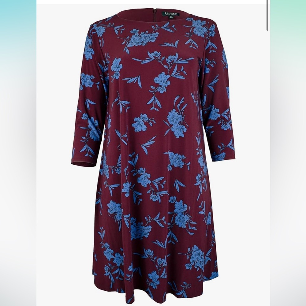 Lauren Ralph Lauren Floral Dress Women Petite Floral Print Dress, Plum and Blue - Picture 3 of 9